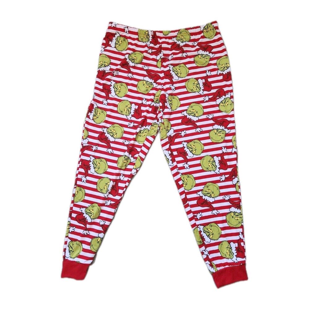 Dr Suess Grinch Pajama Pants Red White Stripe All Over Print Pull On Sz L 12-14
